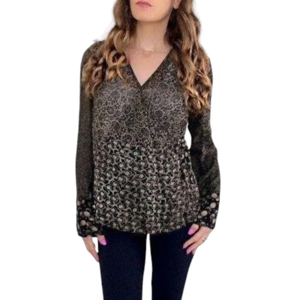 J. Jill Black Cream Sheer Wrap Blouse Floral Long Sleeve